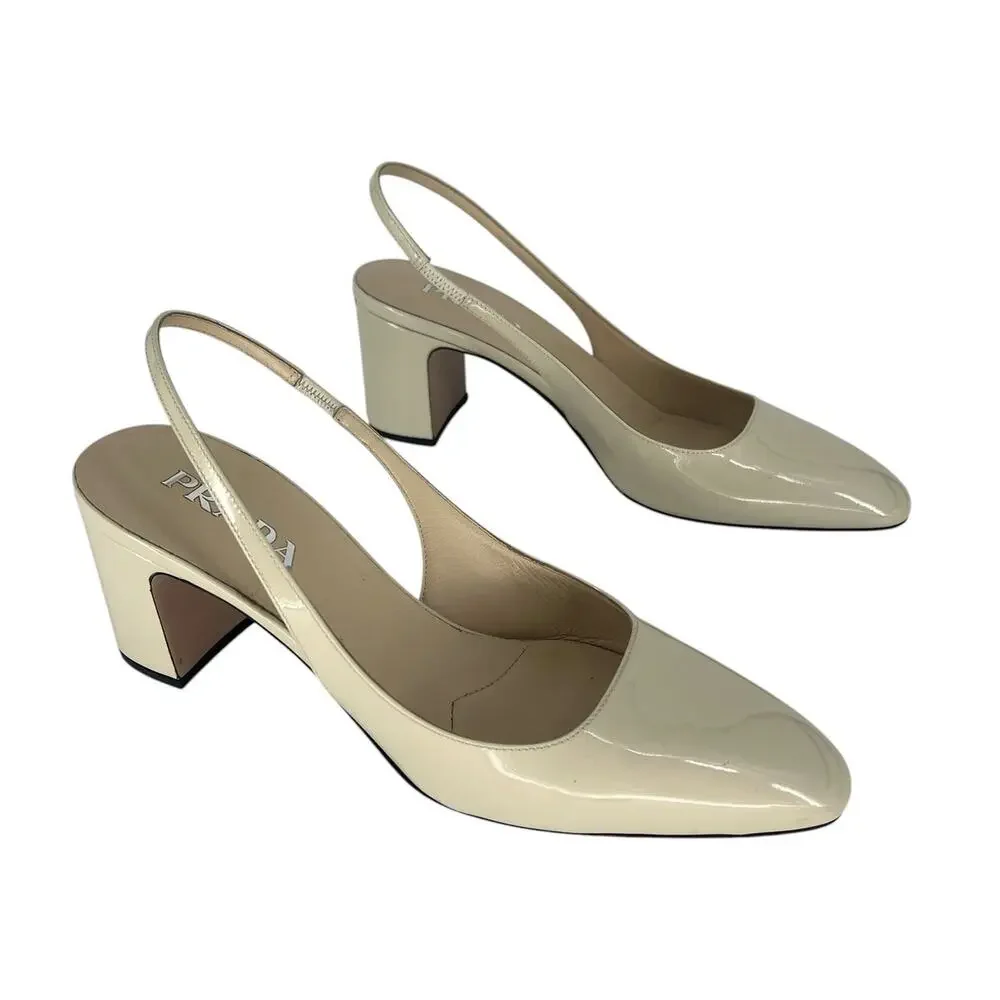 Prada Triangle Logo Patent Leather Slingback Pumps Ivory 40 - Picture 6 of 15